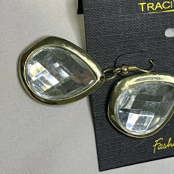 Traci Lynn Gold & Clear Teardrop Earrings Pierced - Picture 3 of 3